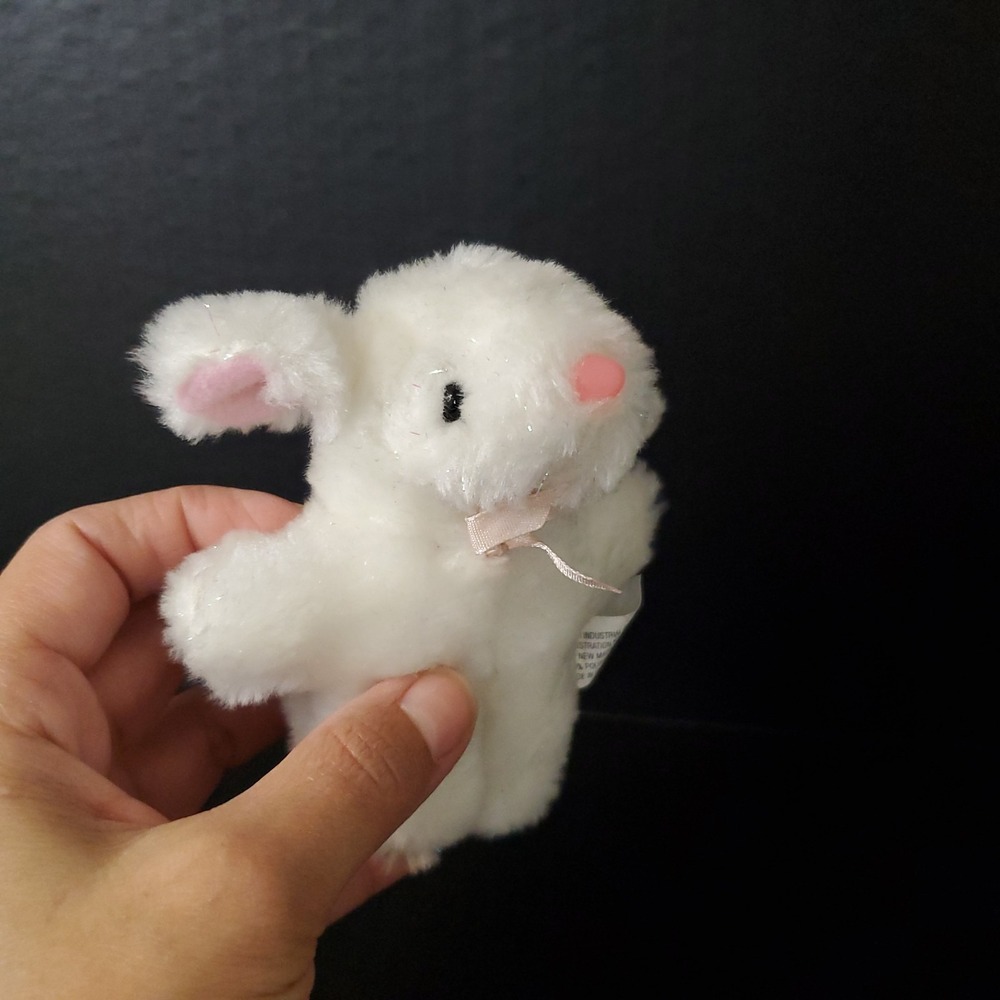 Fukei Tiny Lamb Plush 4" Mini Stuffed Sheep White Tinsel Fur Pink Ears Nose Bow